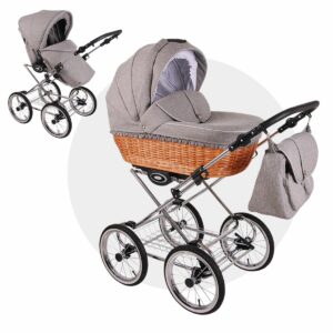 RETRO DELUXE Kinderwagen mit Naturweidenkorb | 2 in 1 mit Babywanne + Sportwagen + Zubehör