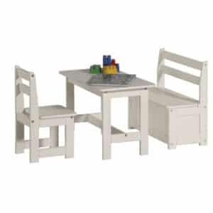 Junior Kindersitzgruppe | Tisch + Kindersitztruhe + Stuhl | Kiefernholz massiv | weiß