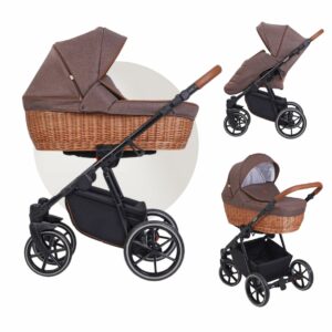 NATUR PRO Kinderwagen mit Weidenkorb | 2 in 1 mit Babywanne und Sportwagen oder mit Autoschale