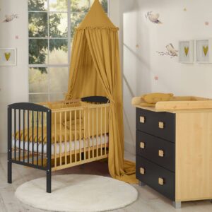 SPARSET: LEONARDO Babybett/ Kinderbett mit Bettschublade + Wickelkommode | Naturholz / Dunkelgrau