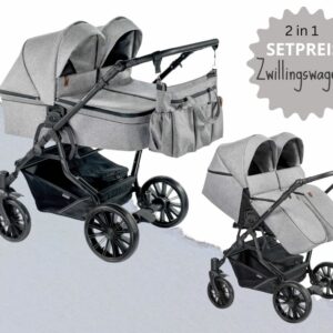 QUICK PRO Komfort | Zwillingskinderwagen | Alu-Rahmen + 2 x Babywanne + 2 x Sportwagen + Zubehörpaket