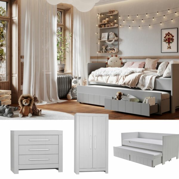 CAROLE Sparset Kinder-/Jugendzimmer: Bett + Kommode + Schrank | 3 teilig, Grau