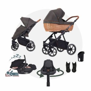 NATUR PRO Kinderwagen mit Weidenkorb | MEGASET mit Babywanne + Sportwagen + Autoschale mit Liegefunktion + Isofix drehbar