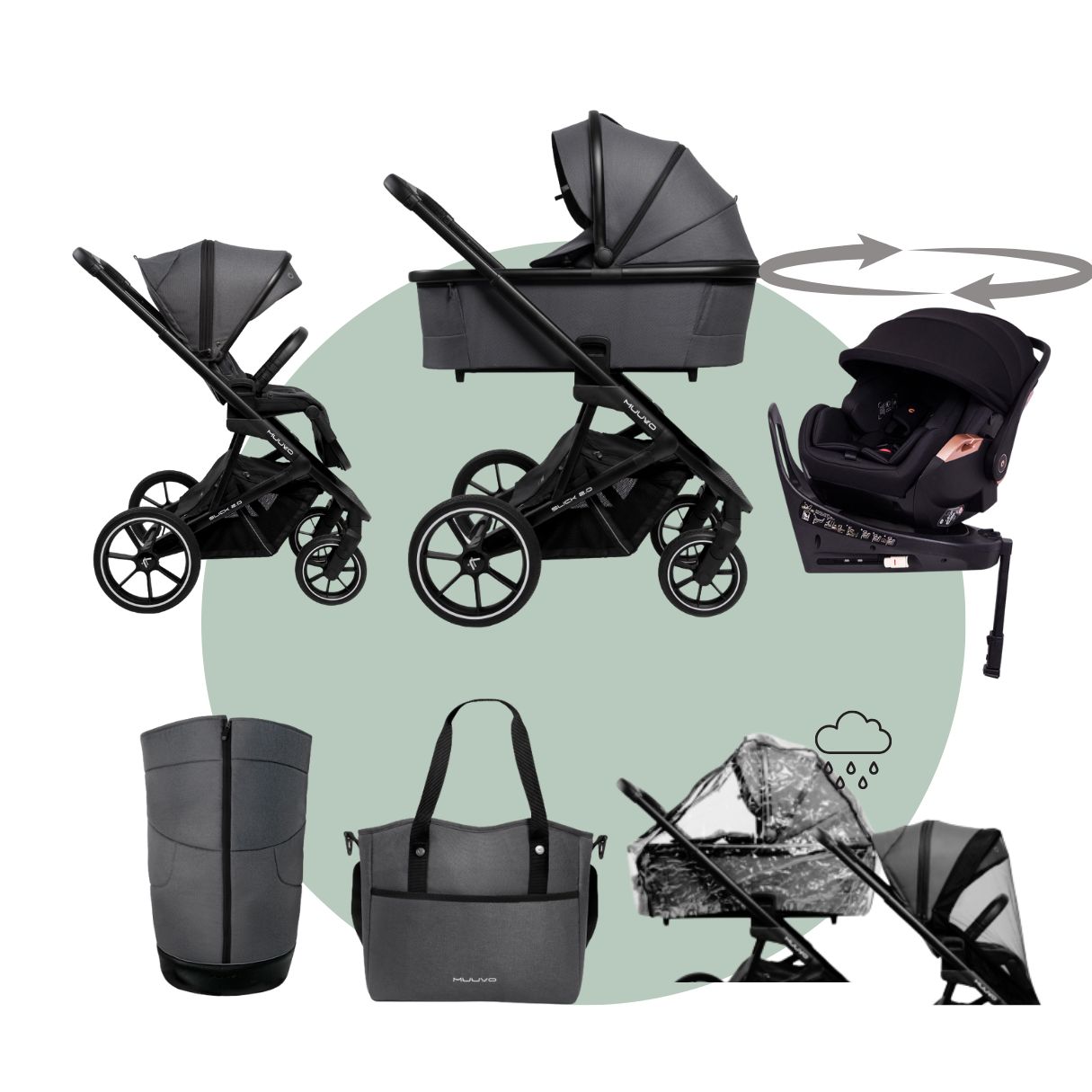 MUUVO Slick 2.0 | Kinderwagen MEGASET mit Babywanne + Sportsitz + Autoschale +Isofix drehbar