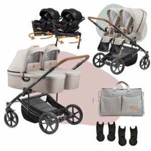 Jedo TWIN DUO MEGASET | Zwillingskinderwagen mit 2 x Babywannen + 2 x Sportwagen + 2 Autoschalen + 2 Isofix drehbar