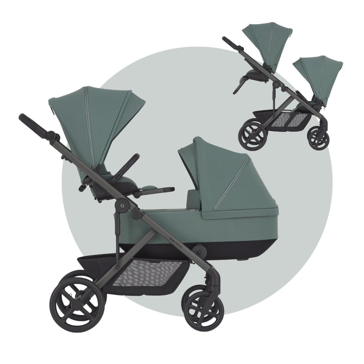ANEX MODU Geschwisterwagen | 1 x Babywanne + 2 x Sitzeinheit + Rahmen