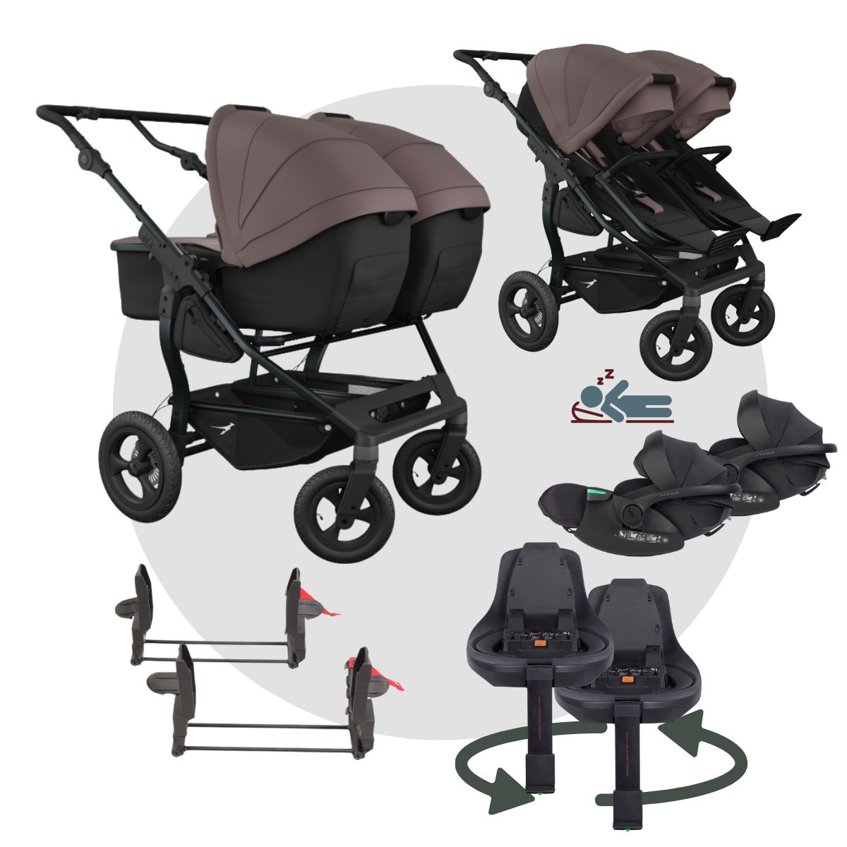 TFK DUO Megaset | Zwillingskinderwagen | 2 x Babywanne & Sportsitz + Adapter + Autoschale + Isofix Station