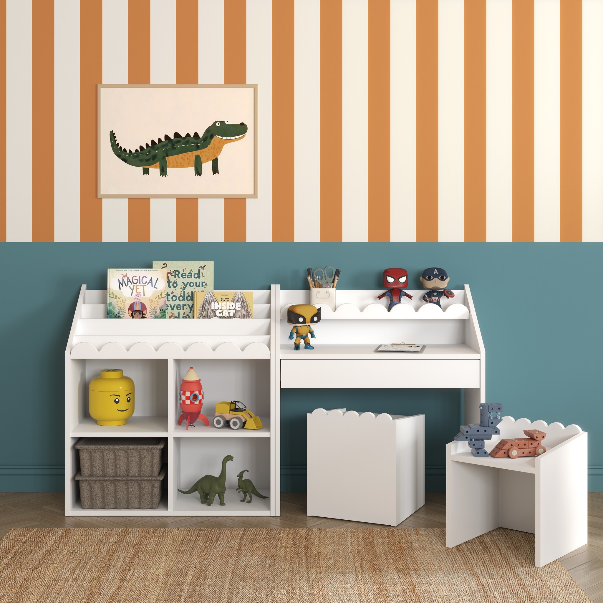 Montessori „Book Nook“ | SET Bücherregal + Kinderschreibtisch + 2 Kinderstühle